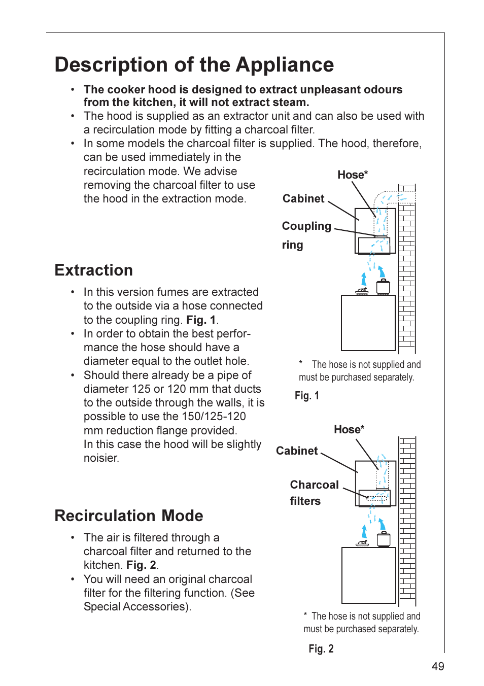 Description of the appliance, Extraction, Recirculation mode | AEG DL 7275 User Manual | Page 6 / 16