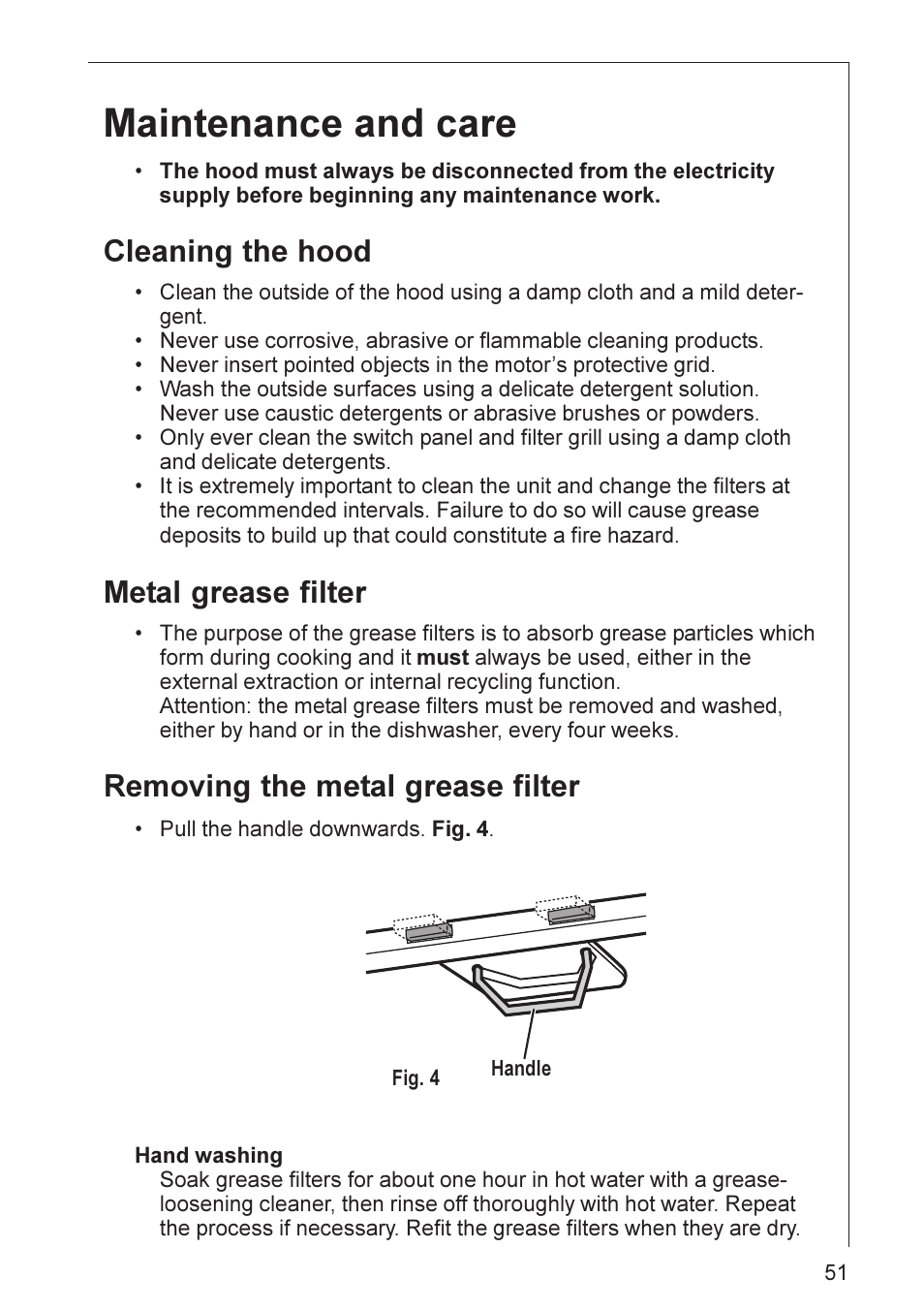 Maintenance and care, Cleaning the hood, Metal grease filter | Removing the metal grease filter | AEG DL 7275 User Manual | Page 8 / 16