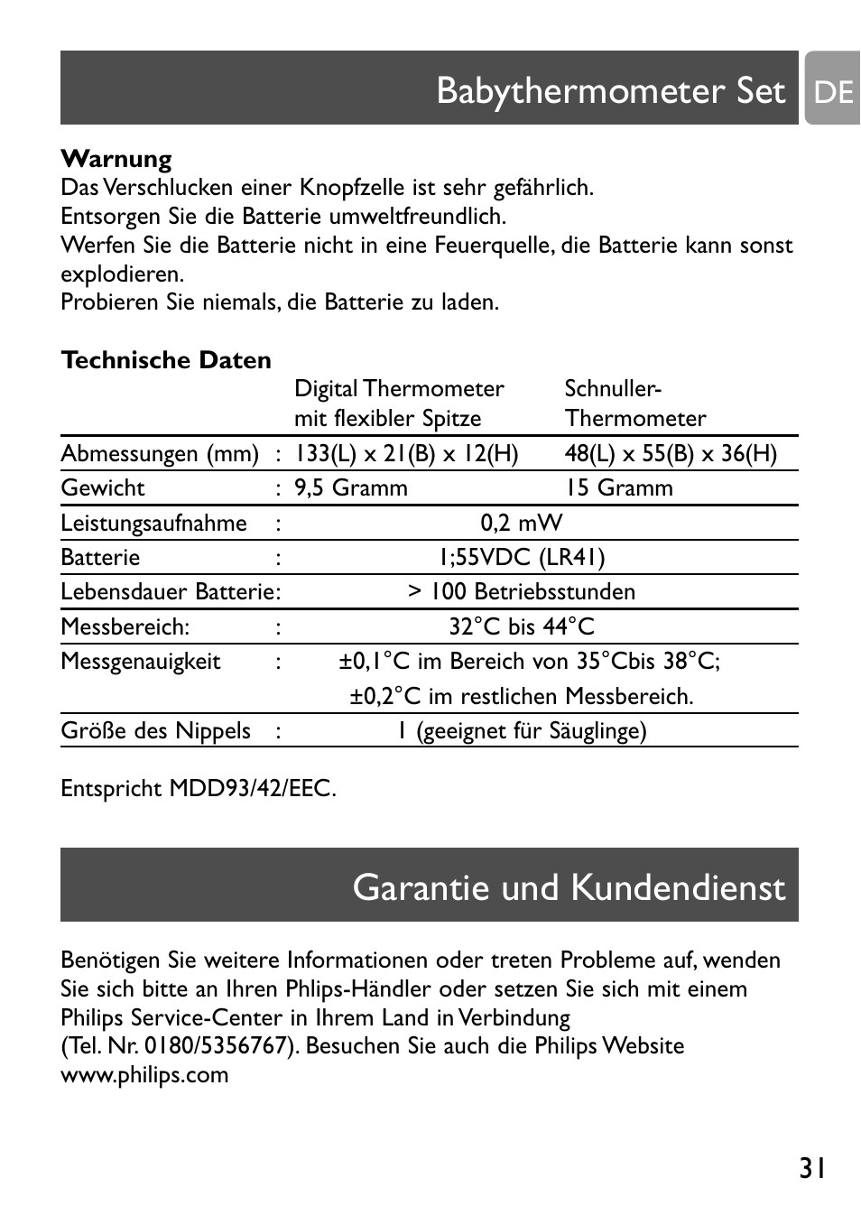 Babythermometer set, Garantie und kundendienst | Philips Kit de termómetros digitales para bebés User Manual | Page 30 / 87