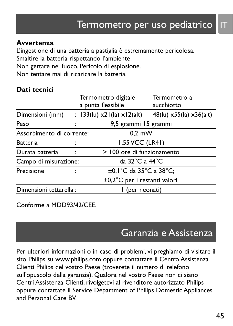 Termometro per uso pediatrico, Garanzia e assistenza | Philips Kit de termómetros digitales para bebés User Manual | Page 44 / 87