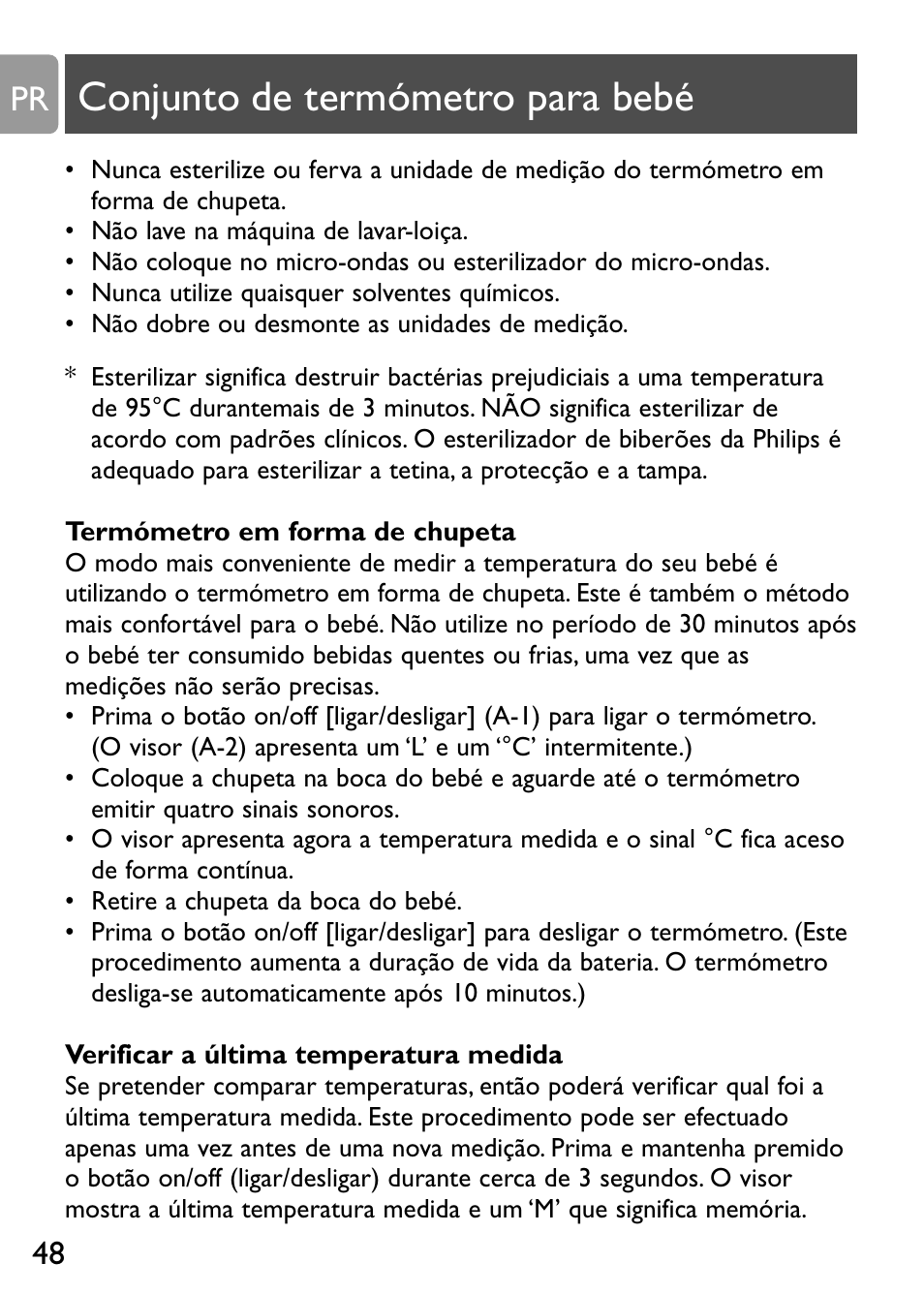 Conjunto de termómetro para bebé | Philips Kit de termómetros digitales para bebés User Manual | Page 47 / 87