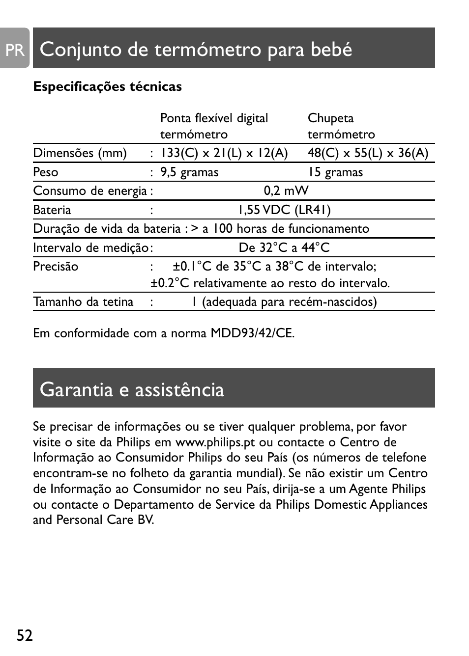 Conjunto de termómetro para bebé, Garantia e assistência | Philips Kit de termómetros digitales para bebés User Manual | Page 51 / 87