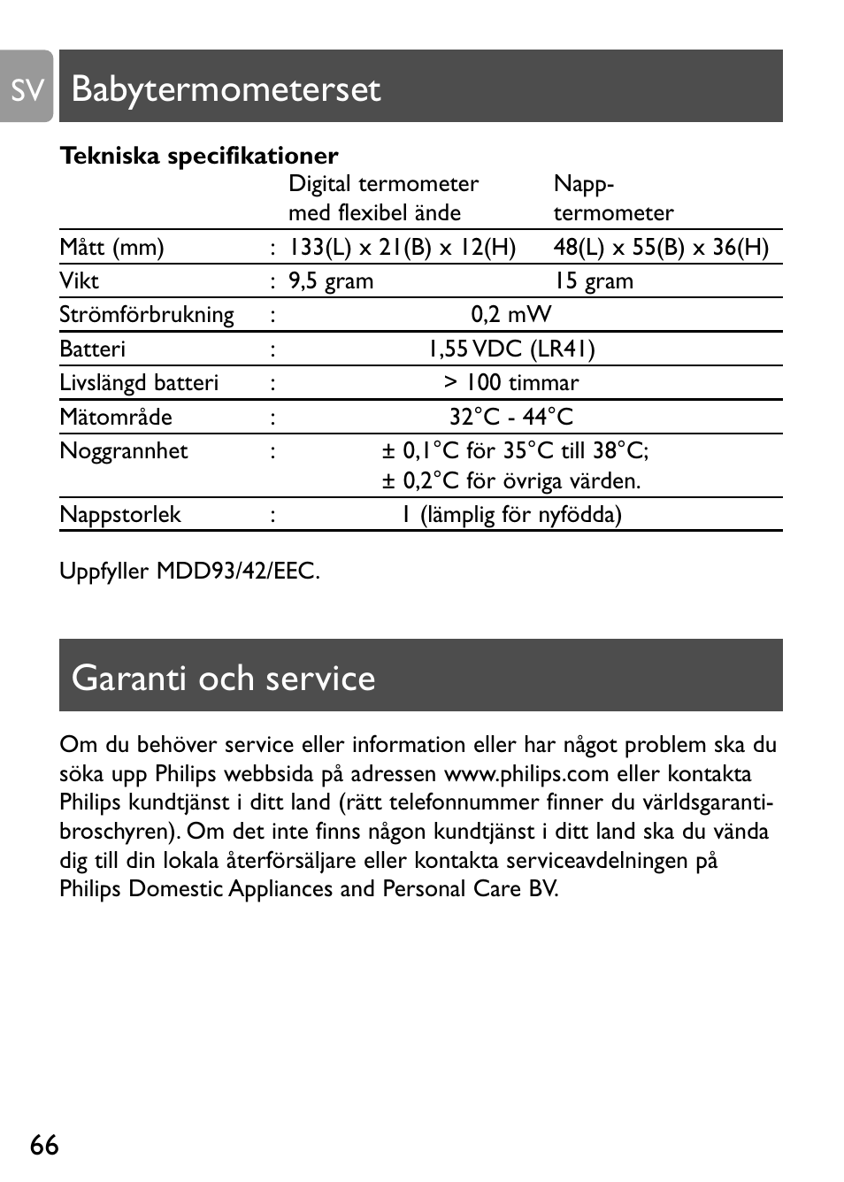 Babytermometerset, Garanti och service | Philips Kit de termómetros digitales para bebés User Manual | Page 65 / 87