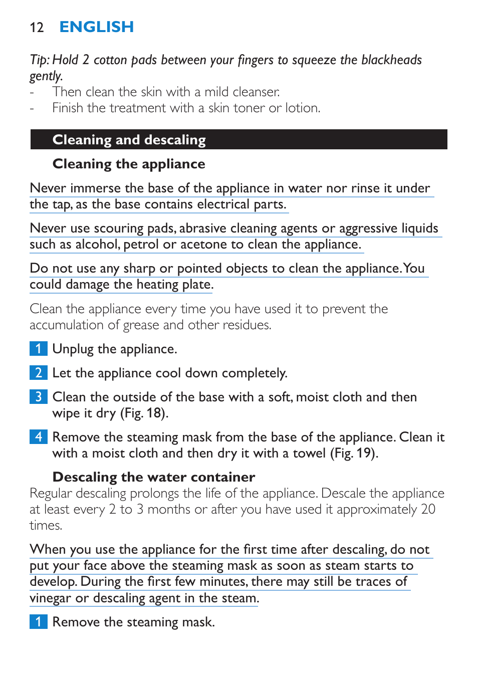 Cleaning the appliance, Descaling the water container, Cleaning and descaling | Philips Sauna facial profesional User Manual | Page 12 / 88