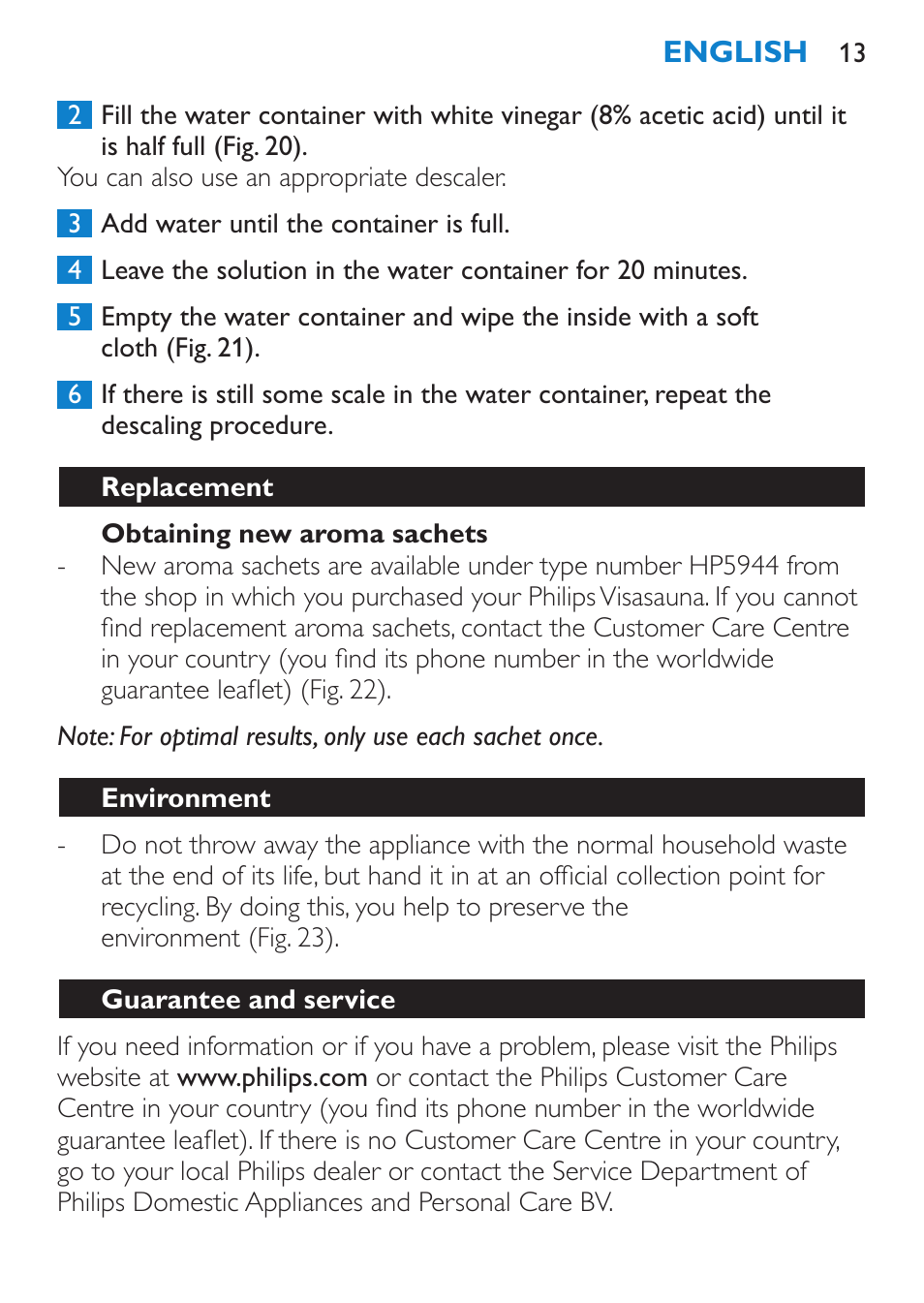 Obtaining new aroma sachets, Replacement, Environment | Guarantee and service | Philips Sauna facial profesional User Manual | Page 13 / 88