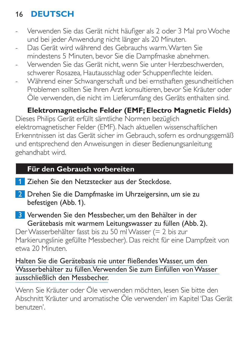 Für den gebrauch vorbereiten | Philips Sauna facial profesional User Manual | Page 16 / 88