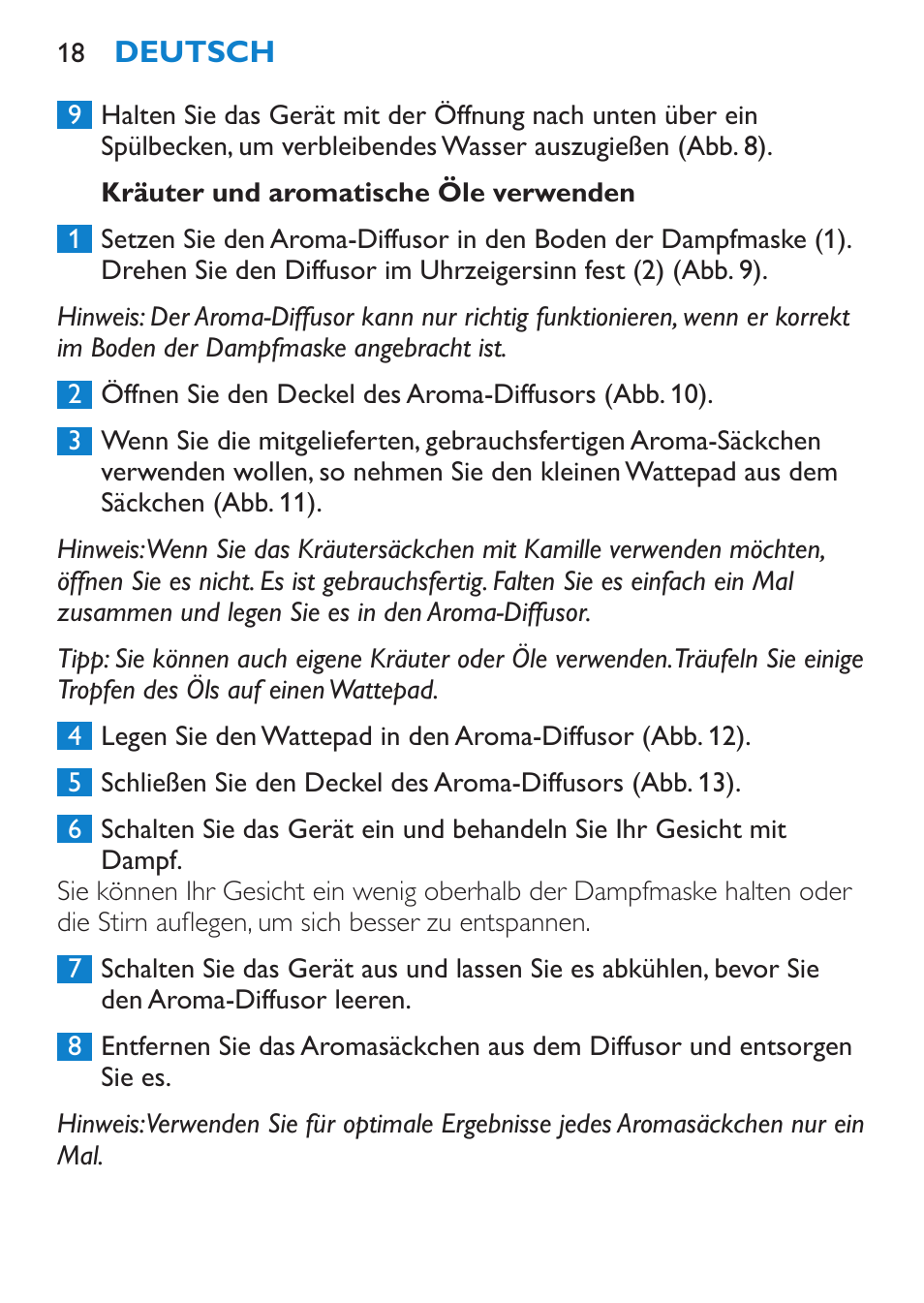 Kräuter und aromatische öle verwenden | Philips Sauna facial profesional User Manual | Page 18 / 88