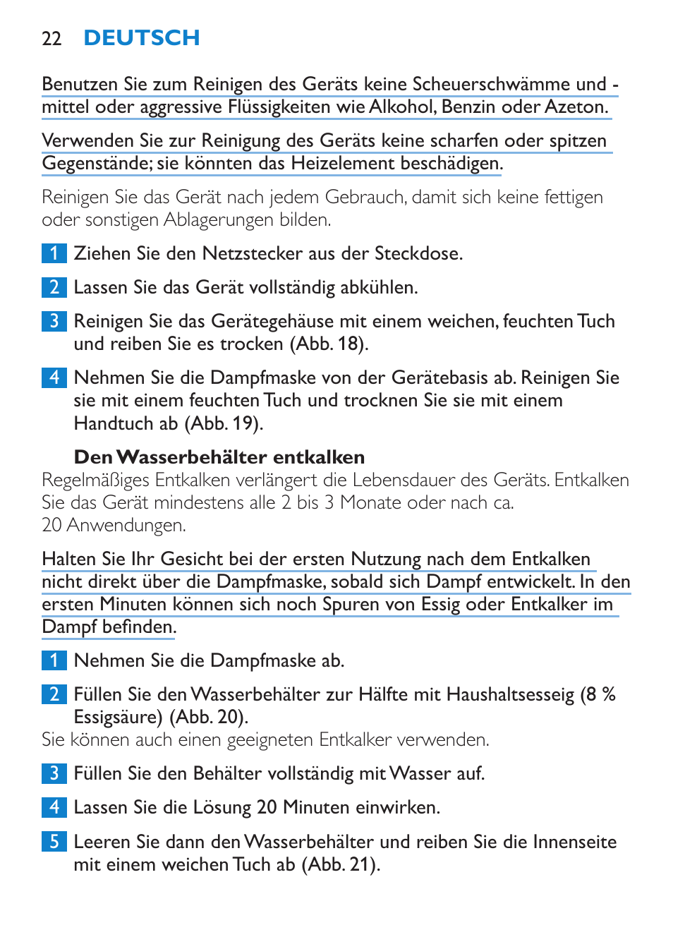 Den wasserbehälter entkalken | Philips Sauna facial profesional User Manual | Page 22 / 88