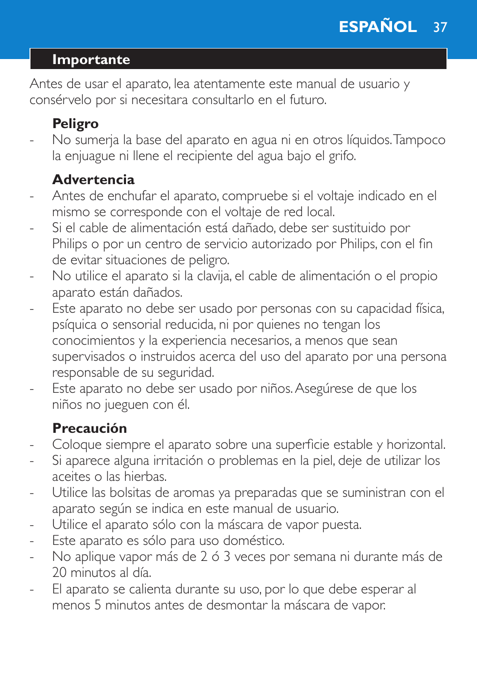 Peligro, Advertencia, Precaución | Español, Importante | Philips Sauna facial profesional User Manual | Page 37 / 88