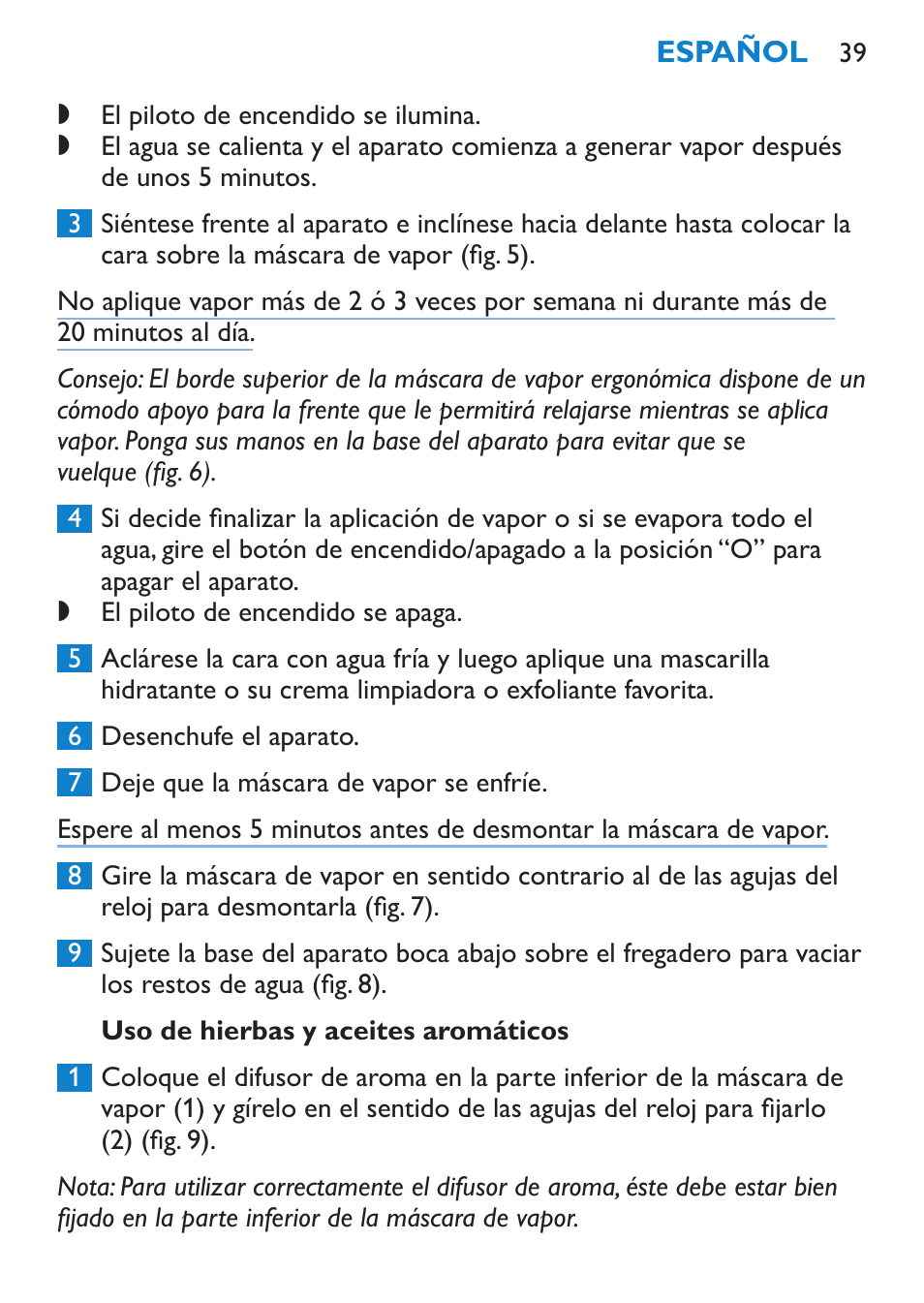 Uso de hierbas y aceites aromáticos | Philips Sauna facial profesional User Manual | Page 39 / 88