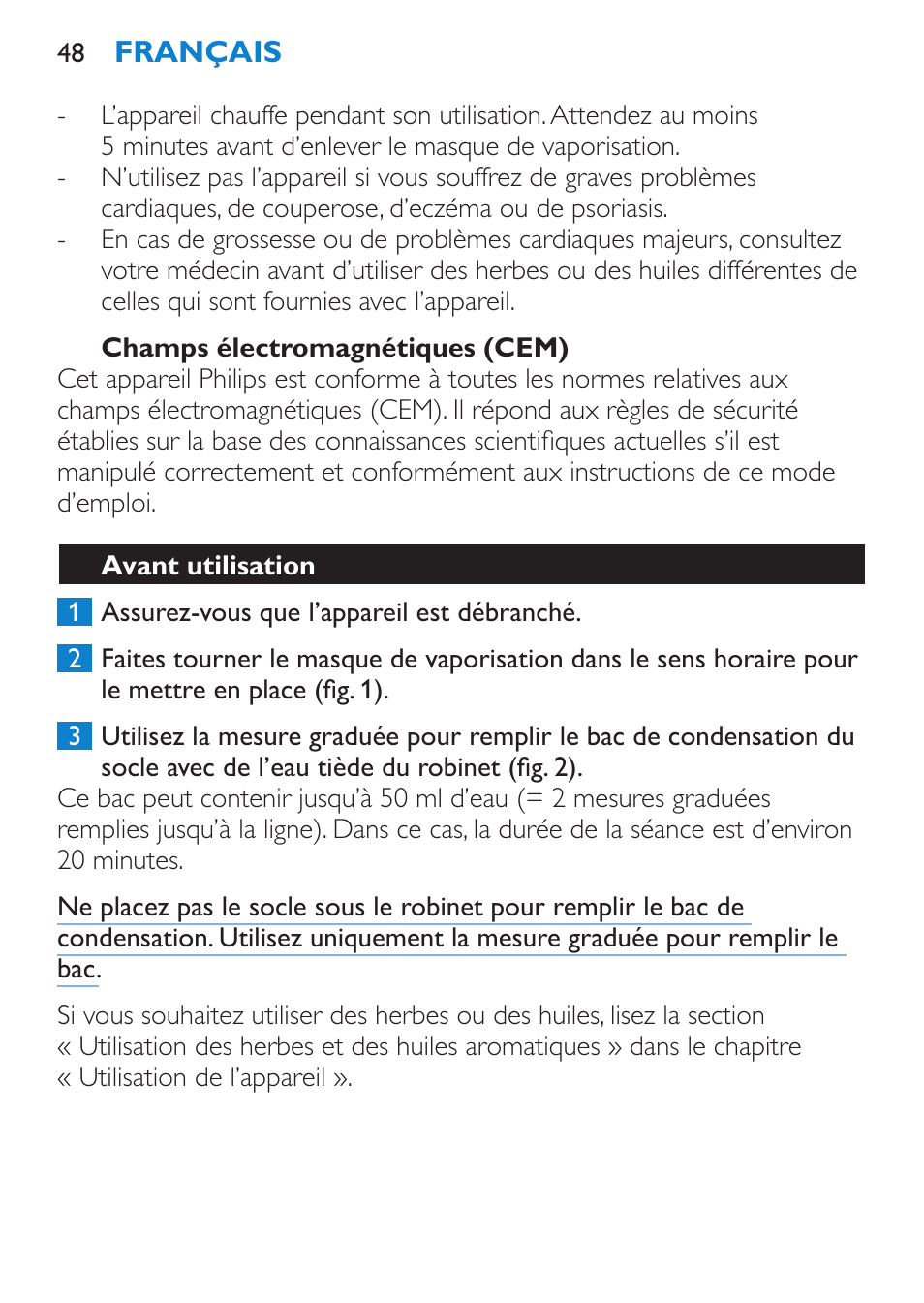 Champs électromagnétiques (cem), Avant utilisation | Philips Sauna facial profesional User Manual | Page 48 / 88