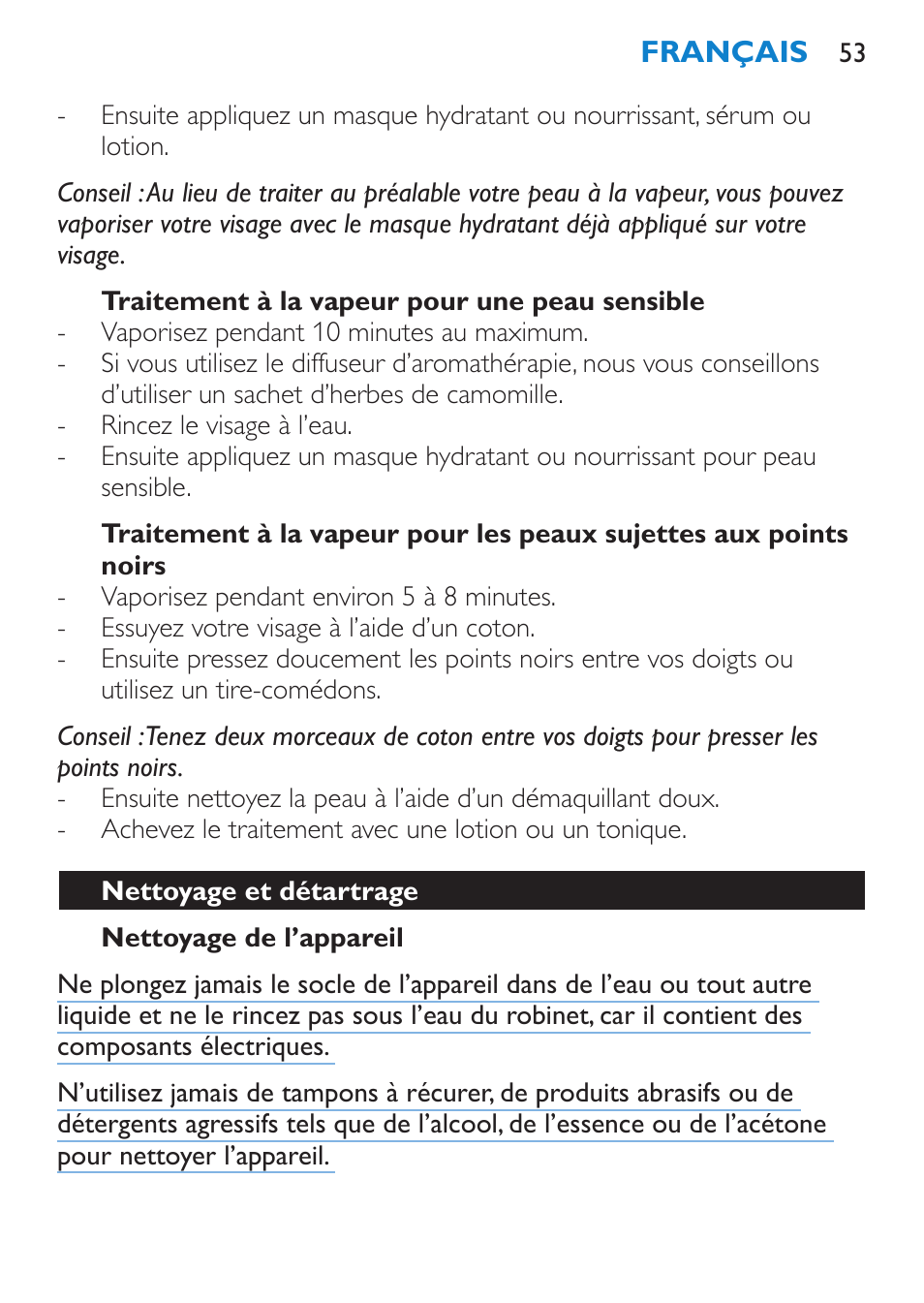 Traitement à la vapeur pour une peau sensible, Nettoyage de l’appareil, Nettoyage et détartrage | Philips Sauna facial profesional User Manual | Page 53 / 88