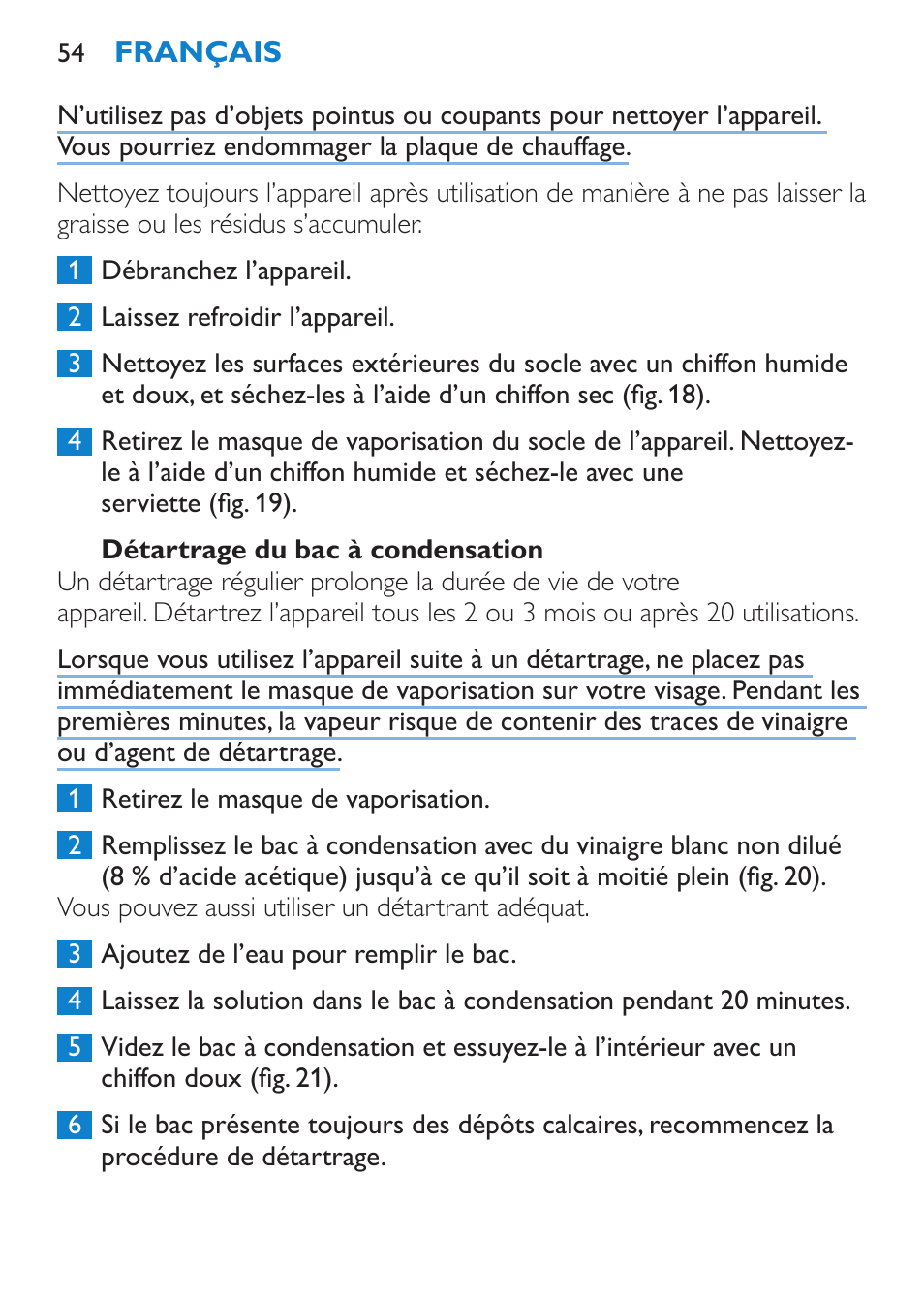 Détartrage du bac à condensation | Philips Sauna facial profesional User Manual | Page 54 / 88