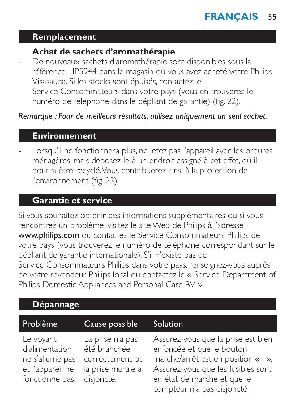 Achat de sachets d’aromathérapie, Remplacement, Environnement | Garantie et service, Dépannage | Philips Sauna facial profesional User Manual | Page 55 / 88