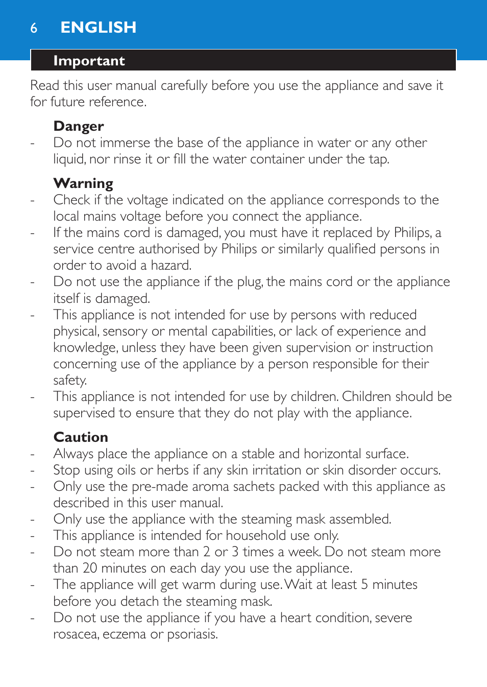 English, Important, Danger | Warning, Caution | Philips Sauna facial profesional User Manual | Page 6 / 88