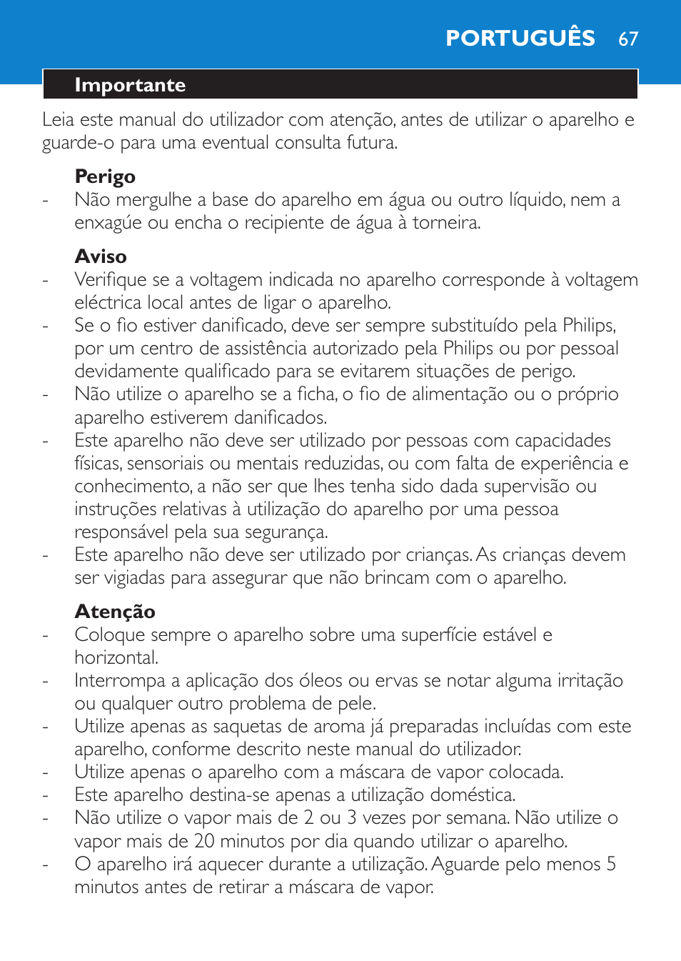 Perigo, Aviso, Atenção | Português, Importante | Philips Sauna facial profesional User Manual | Page 67 / 88