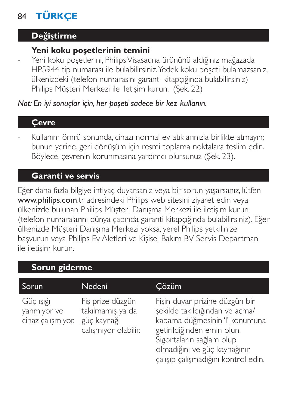 Yeni koku poşetlerinin temini, Değiştirme, Çevre | Garanti ve servis, Sorun giderme | Philips Sauna facial profesional User Manual | Page 84 / 88