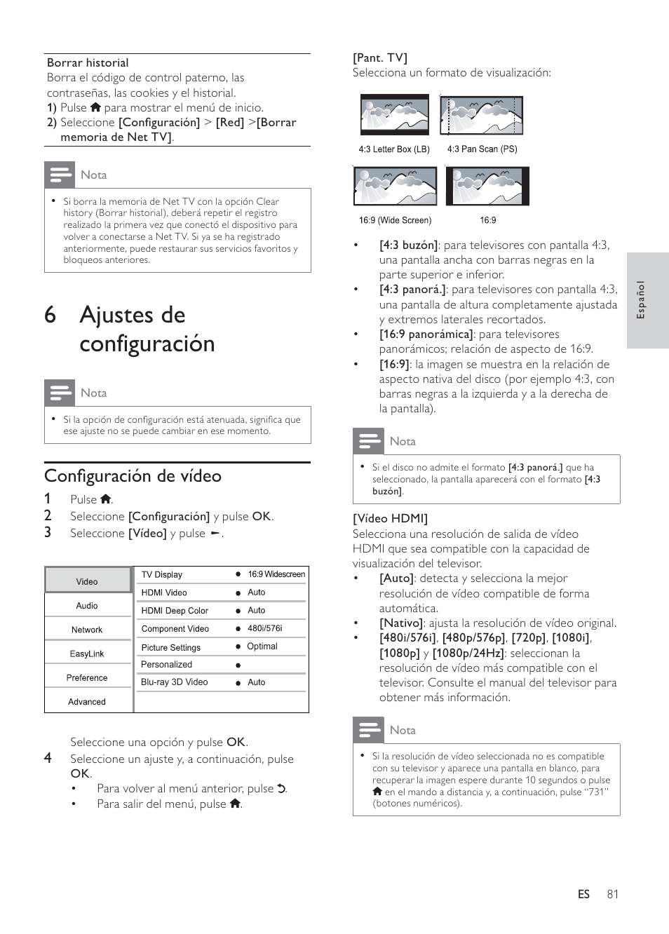 6 ajustes de configuración | Philips 9000 series Reproductor de Blu-ray Disc User Manual | Page 24 / 57