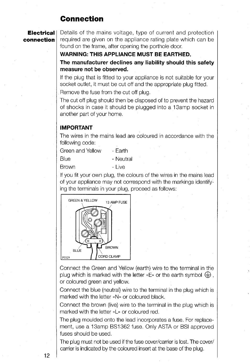 Connection, Warning: this appliance must be earthed, Important | AEG TURBO 1480 User Manual | Page 12 / 44