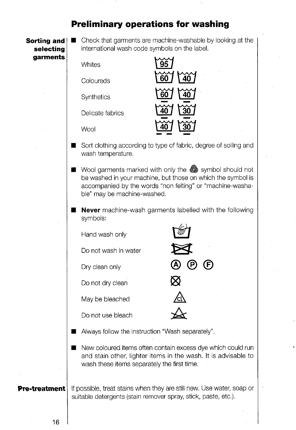 Preliminary operations for washing | AEG TURBO 1480 User Manual | Page 16 / 44