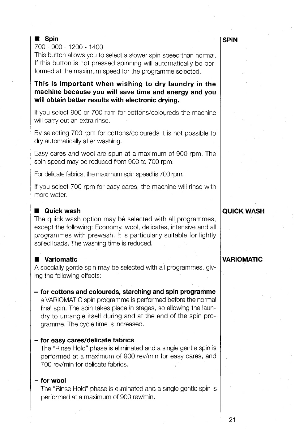 Spin, Quick wash, Variomatic | For easy cares/delicate fabrics, For wool | AEG TURBO 1480 User Manual | Page 21 / 44