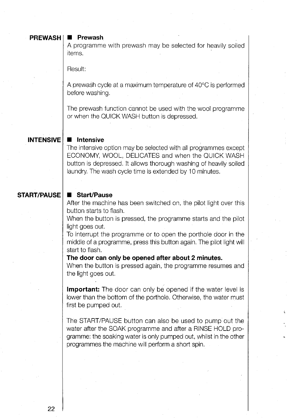 Prewash, Intensive, Start/pause | AEG TURBO 1480 User Manual | Page 22 / 44