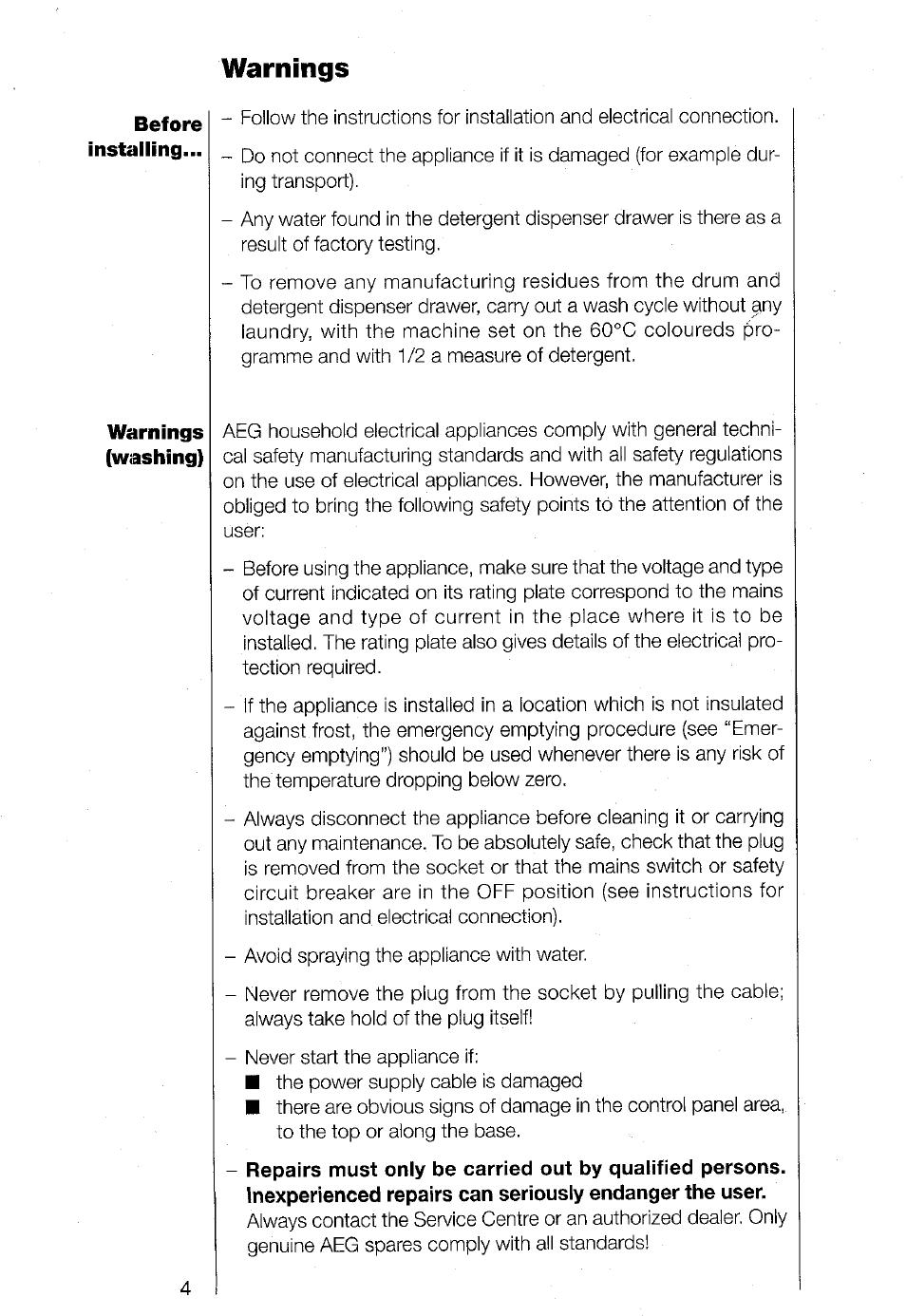 Warnings | AEG TURBO 1480 User Manual | Page 4 / 44