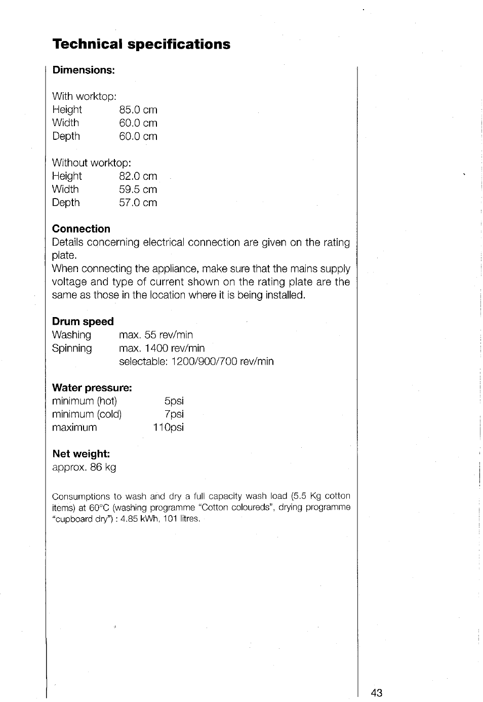 Technical specifications, Dimensions, Connection | Drum speed, Water pressure, Net weight | AEG TURBO 1480 User Manual | Page 43 / 44