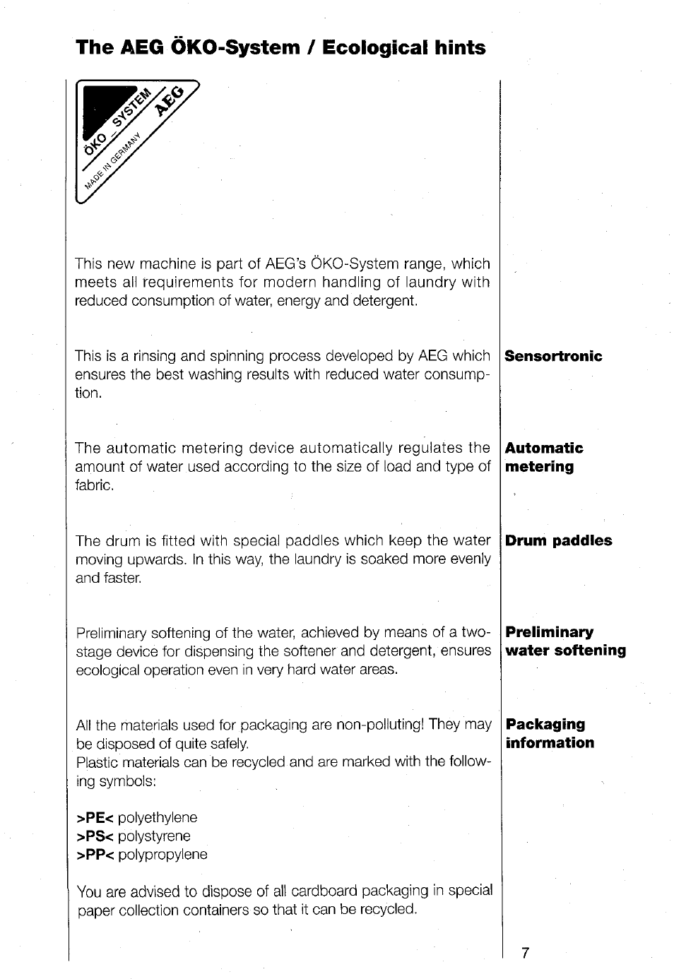 The aeg oko-system / ecological hints | AEG TURBO 1480 User Manual | Page 7 / 44