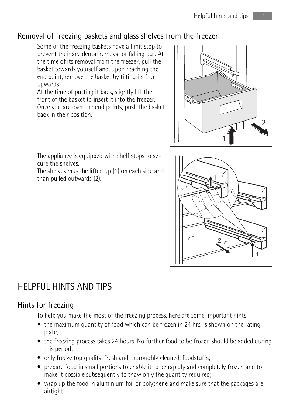 Helpful hints and tips, Hints for freezing | AEG A72900GNX0 User Manual | Page 11 / 24