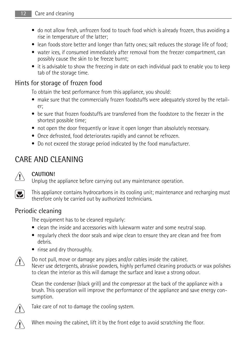 Care and cleaning, Hints for storage of frozen food, Periodic cleaning | AEG A72900GNX0 User Manual | Page 12 / 24