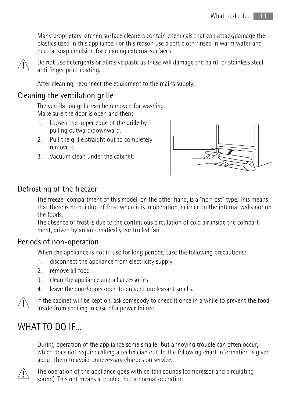 What to do if, Cleaning the ventilation grille, Defrosting of the freezer | Periods of non-operation | AEG A72900GNX0 User Manual | Page 13 / 24
