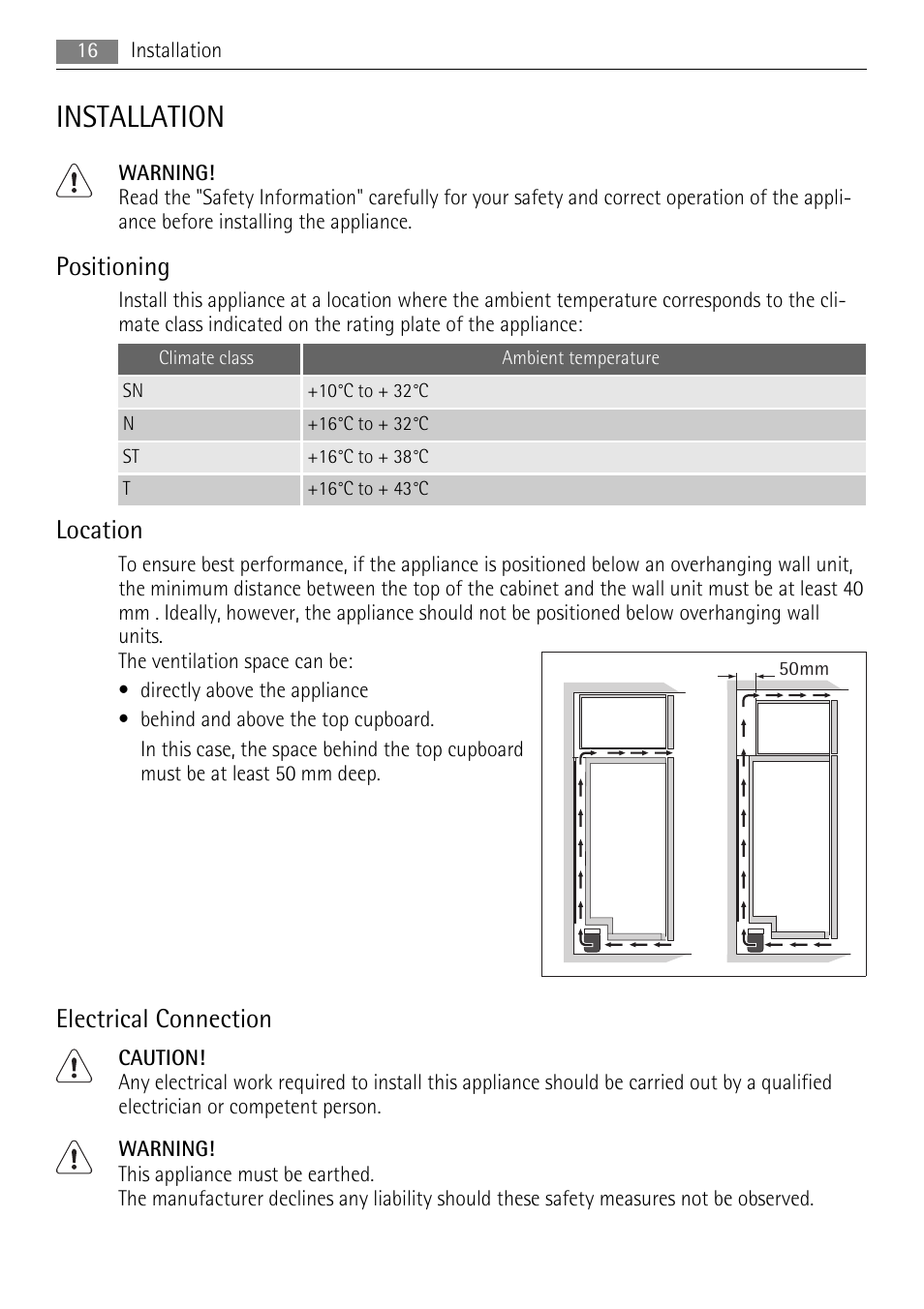 Installation, Positioning, Location | Electrical connection | AEG A72900GNX0 User Manual | Page 16 / 24