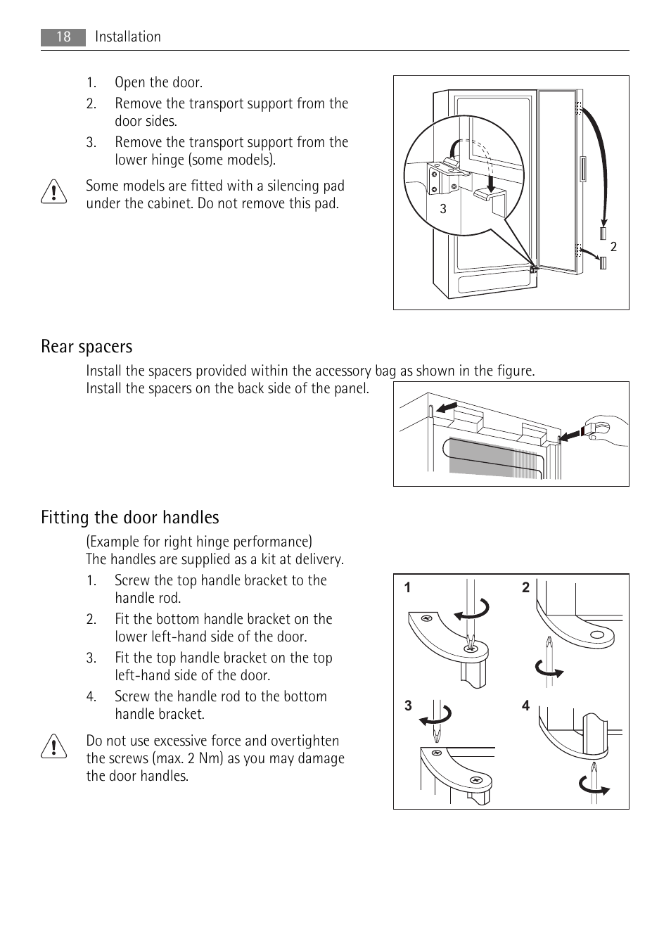 Rear spacers, Fitting the door handles | AEG A72900GNX0 User Manual | Page 18 / 24