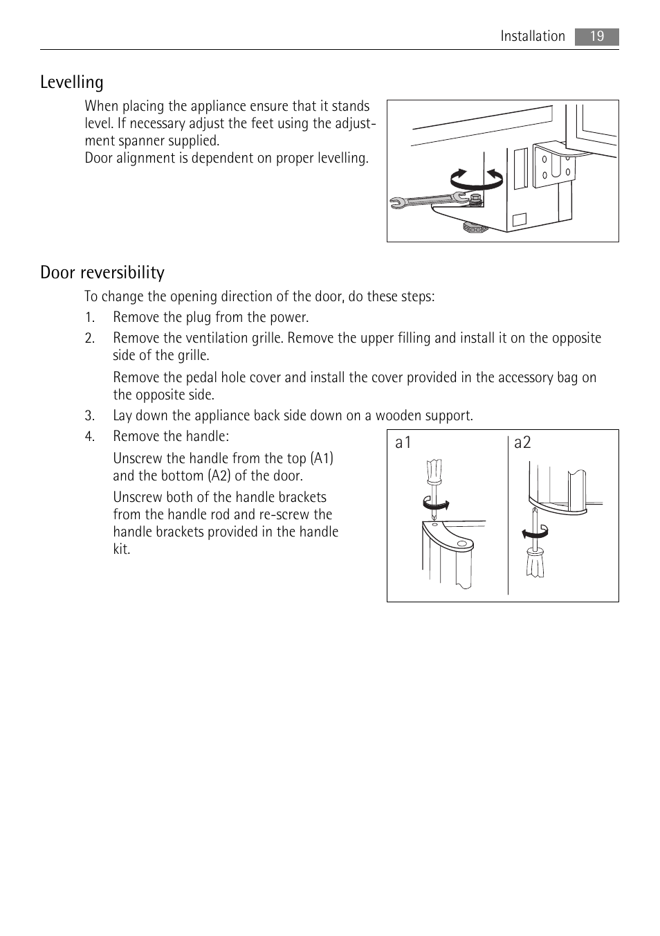 Levelling, Door reversibility, A1 a2 | AEG A72900GNX0 User Manual | Page 19 / 24