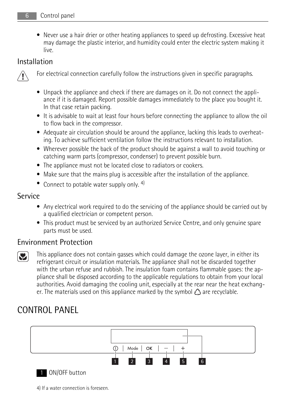 Control panel, Installation, Service | Environment protection | AEG A72900GNX0 User Manual | Page 6 / 24