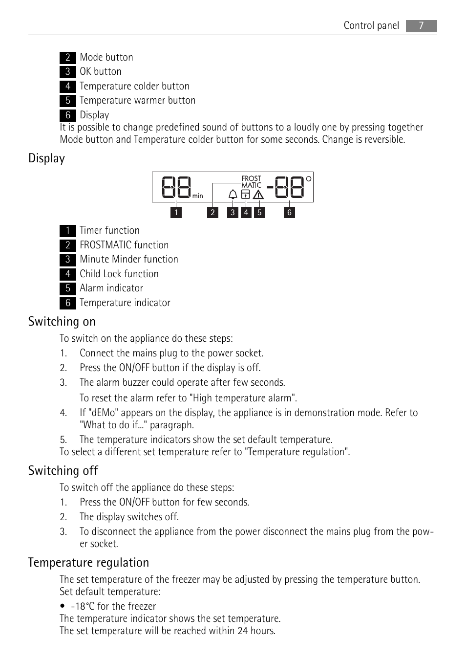 Display, Switching on, Switching off | Temperature regulation | AEG A72900GNX0 User Manual | Page 7 / 24
