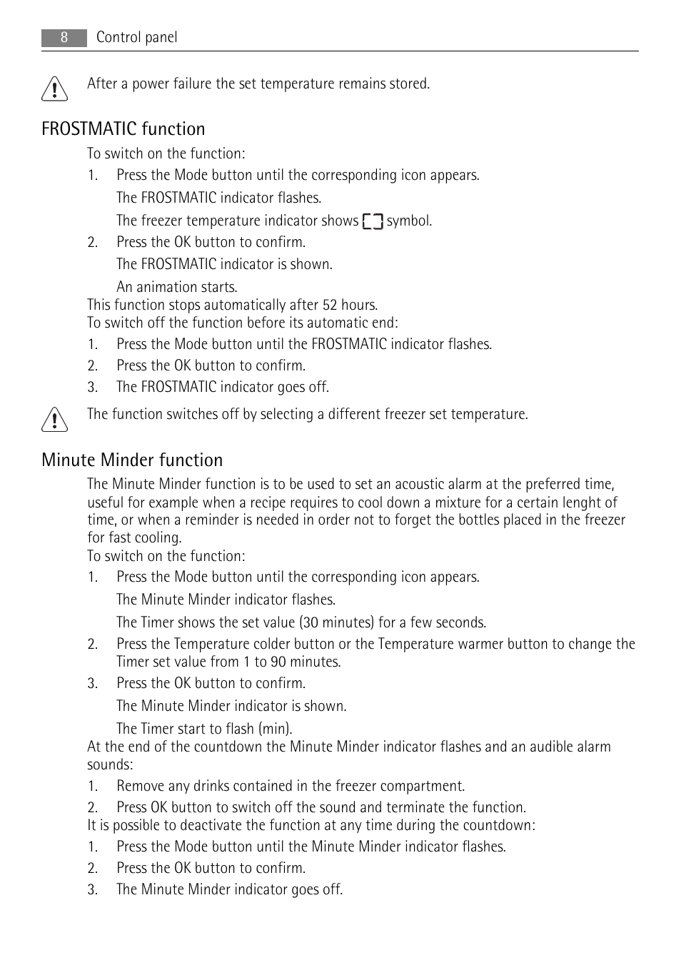 Frostmatic function, Minute minder function | AEG A72900GNX0 User Manual | Page 8 / 24