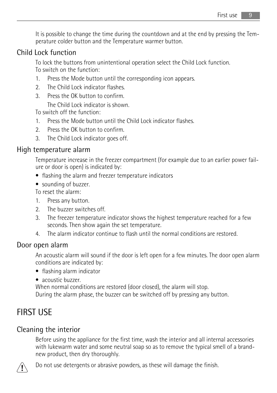 First use, Child lock function, High temperature alarm | Door open alarm, Cleaning the interior | AEG A72900GNX0 User Manual | Page 9 / 24