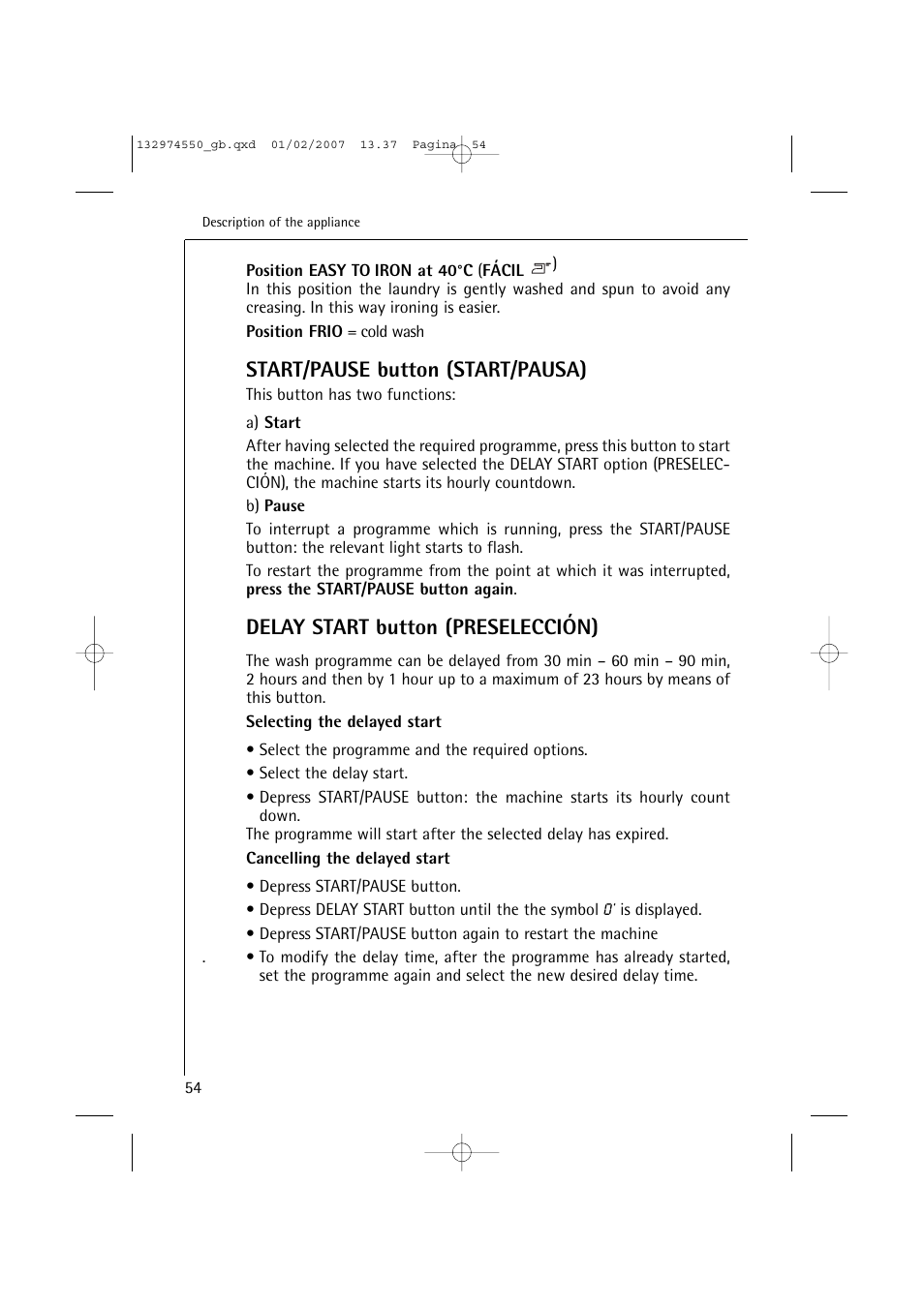 Start/pause button (start/pausa), Delay start button (preselección) | AEG LAVAMAT 62895 User Manual | Page 12 / 46