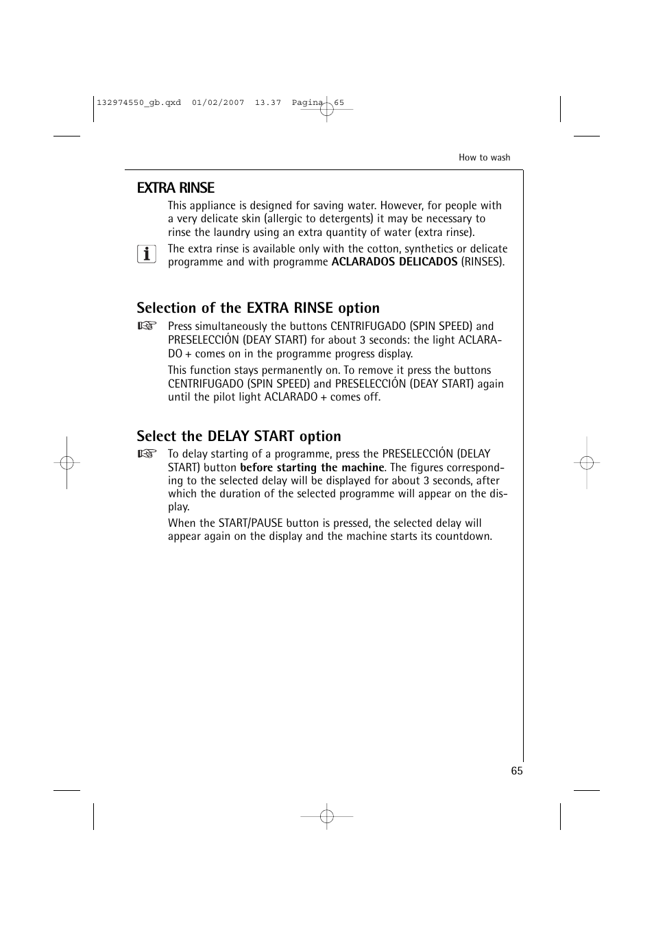 Extra rinse, Selection of the extra rinse option, Select the delay start option | AEG LAVAMAT 62895 User Manual | Page 23 / 46