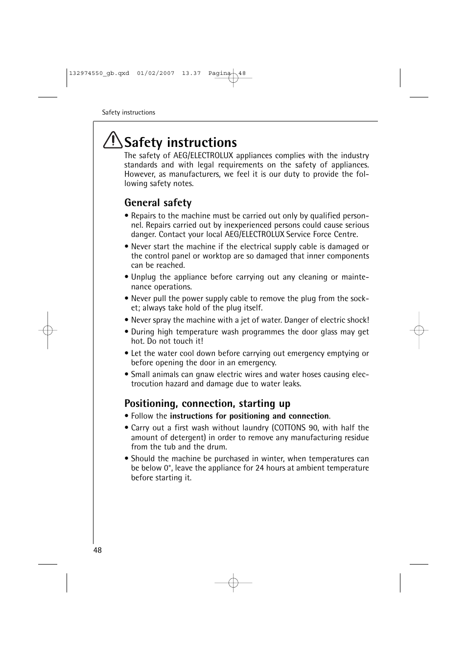Safety instructions, General safety, Positioning, connection, starting up | AEG LAVAMAT 62895 User Manual | Page 6 / 46