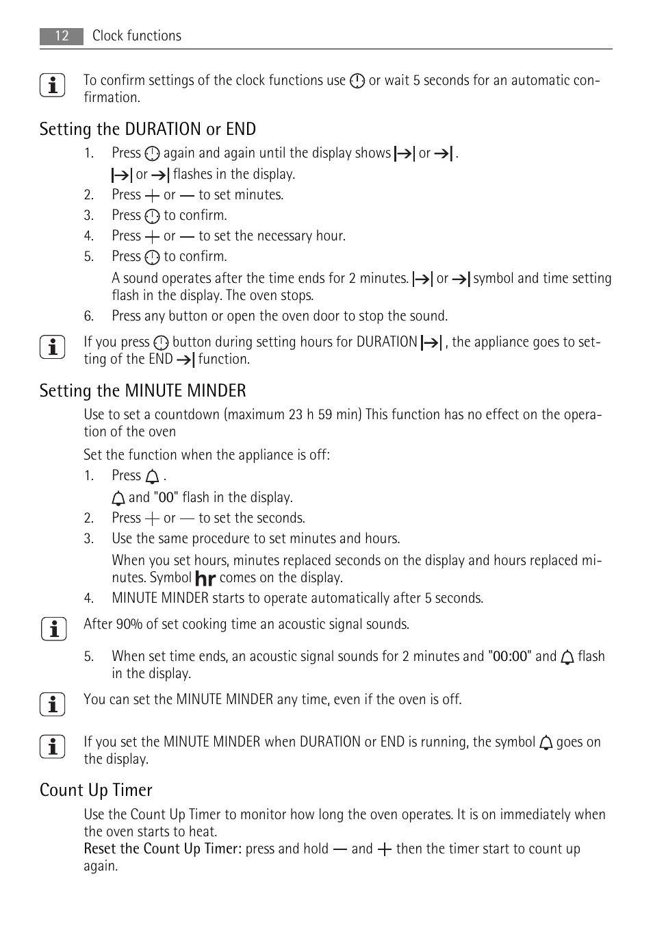 Setting the duration or end, Setting the minute minder, Count up timer | AEG BP5003021 User Manual | Page 12 / 36