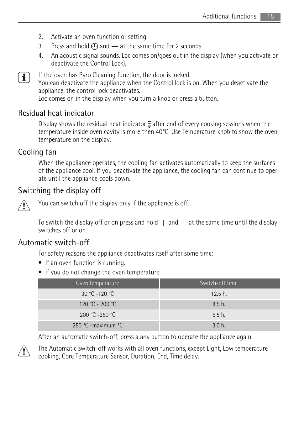Residual heat indicator, Cooling fan, Switching the display off | Automatic switch-off | AEG BP5003021 User Manual | Page 15 / 36