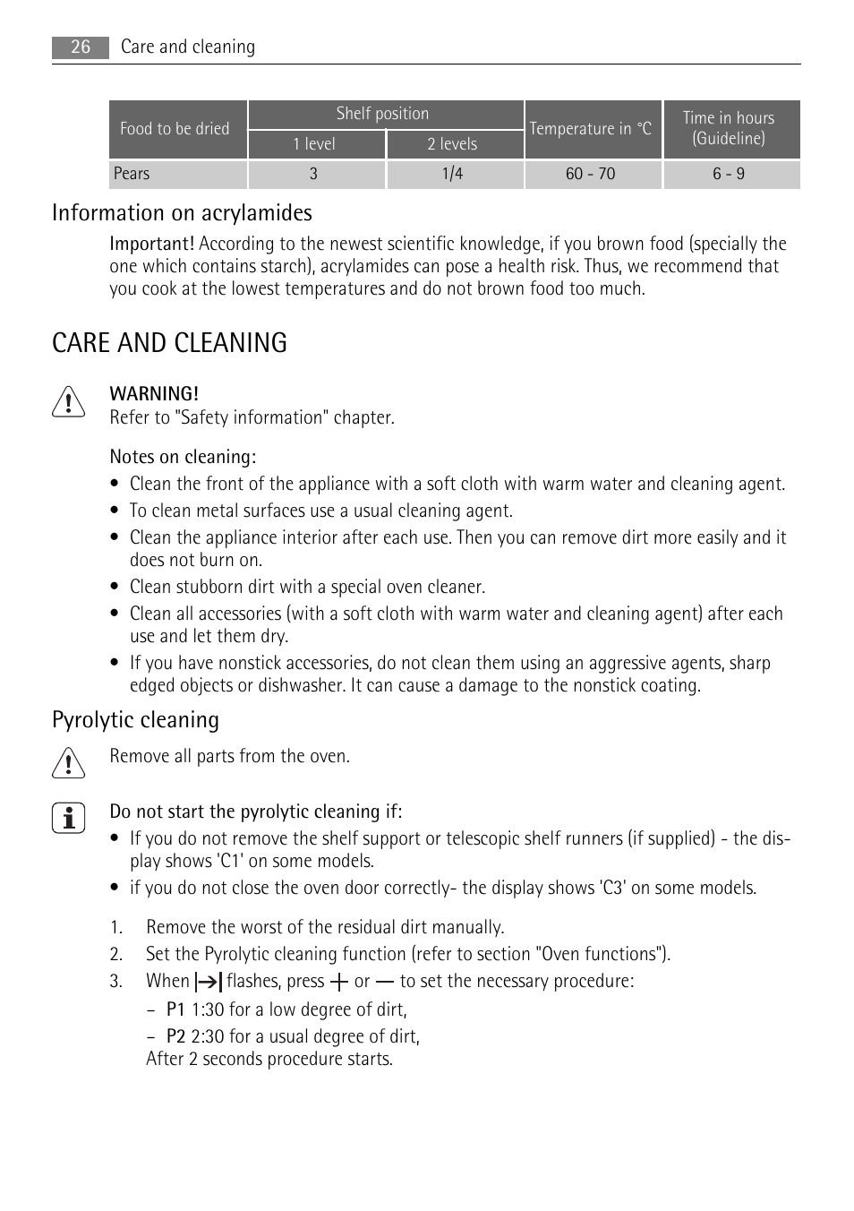 Care and cleaning, Information on acrylamides, Pyrolytic cleaning | AEG BP5003021 User Manual | Page 26 / 36