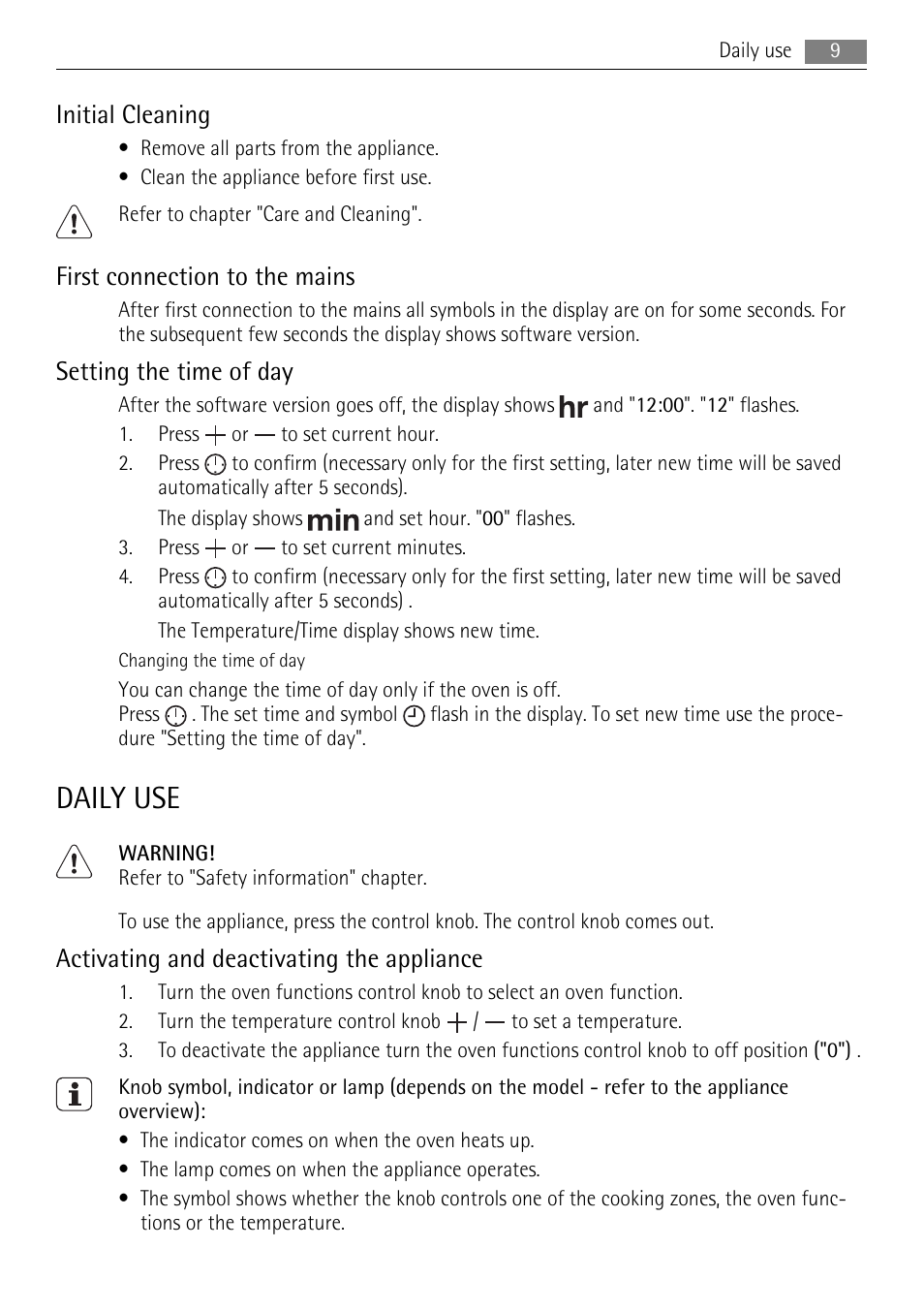 Daily use, Initial cleaning, First connection to the mains | Setting the time of day, Activating and deactivating the appliance | AEG BP5003021 User Manual | Page 9 / 36