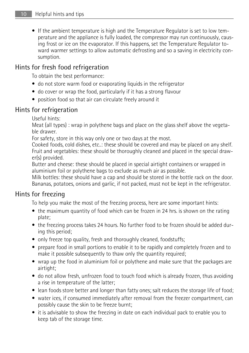 Hints for fresh food refrigeration, Hints for refrigeration, Hints for freezing | AEG SCS51400S0 User Manual | Page 10 / 24