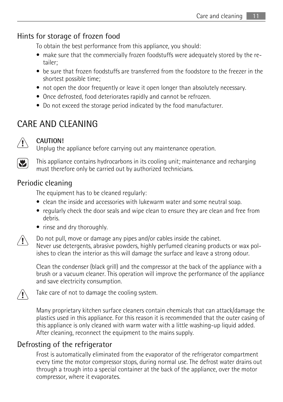 Care and cleaning, Hints for storage of frozen food, Periodic cleaning | Defrosting of the refrigerator | AEG SCS51400S0 User Manual | Page 11 / 24