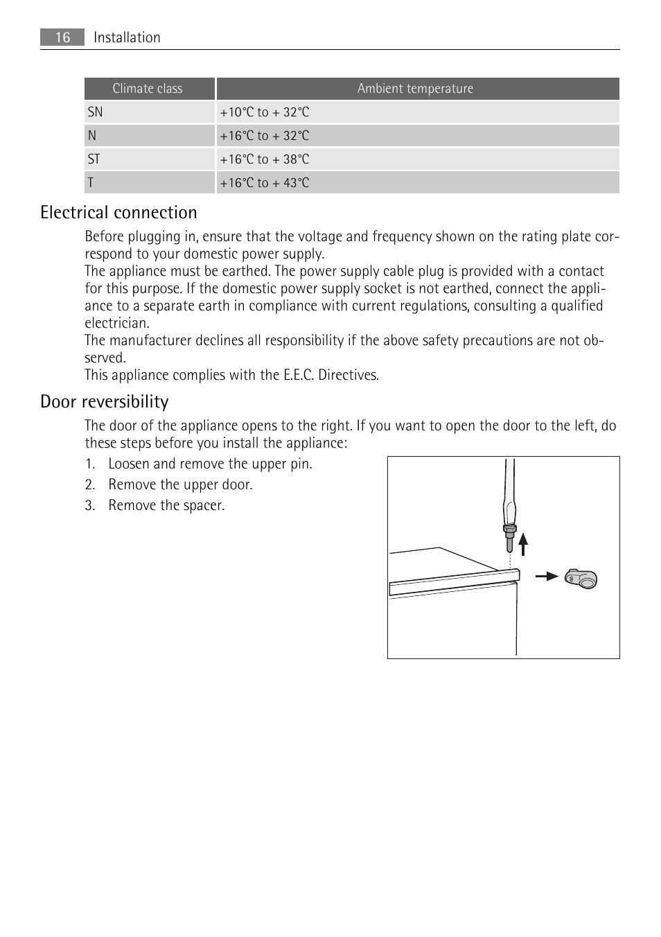 Electrical connection, Door reversibility | AEG SCS51400S0 User Manual | Page 16 / 24