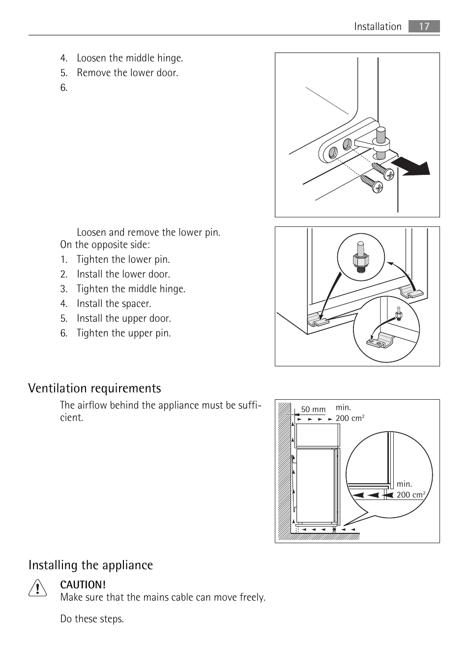 Ventilation requirements, Installing the appliance | AEG SCS51400S0 User Manual | Page 17 / 24